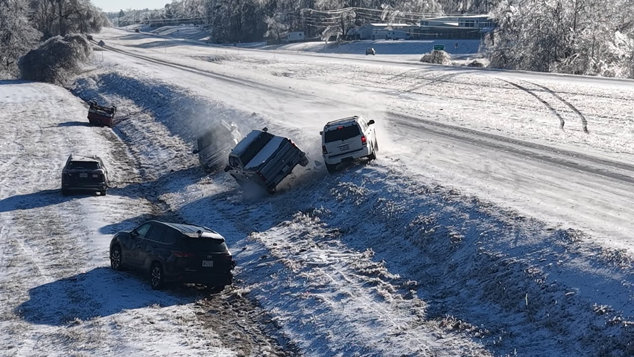 Cars Crashing on Ice -Drone Catches PILEUP in Action